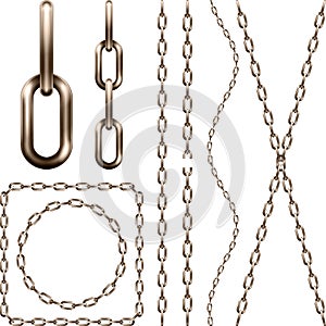 Set of realistic brown metal chain, isolated on white