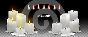 Set of burning white candles on a transparent background