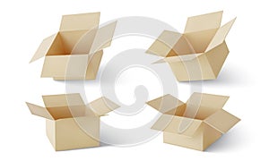 Set of realistic cardboard brown delivery boxes with shadow isolated on white background.  Open box. Vector illustration