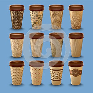 Set of realistic cardboard coffee drinking cups with lids template