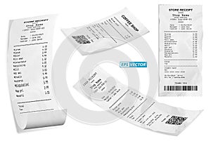 Set of realistic cash register sales receipt isolated or cash receipt printed white paper or printout thermal rolled paper.