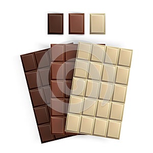 Set of realistic Chocolate bar packaging, isolated vector illustration, milk, white and black chocolate bars