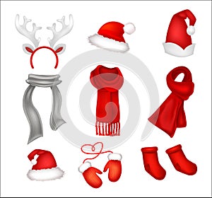 Set of realistic Christmas decorations. Santa`s hat, gloves, sca