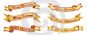 Set or realistic christmas gold red ribbon banner or paper banners christmas greeting or congratulation christmas badge concept.