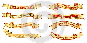 Set or realistic christmas gold red ribbon banner or paper banners christmas greeting or congratulation christmas badge concept.