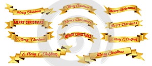 Set or realistic christmas gold red ribbon banner or paper banners christmas greeting or congratulation christmas badge concept