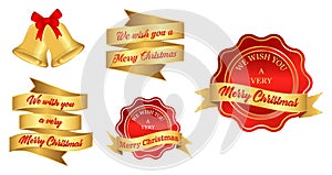 Set or realistic christmas gold red ribbon banner or paper banners christmas greeting or congratulation christmas badge concept.