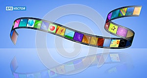 Set of realistic cinema clapper board isolated or film strip cinema 35mm type or realistic film strip background concept. eps