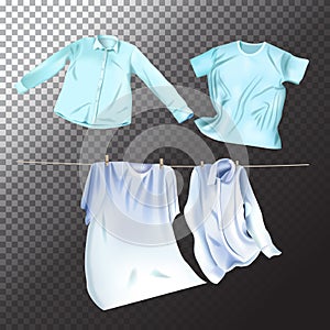 Set of realistic clean laundry clothes. Vector isolated clothes objects on transparent background