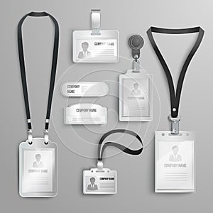 Set of realistic clear plastic badges id cards holders
