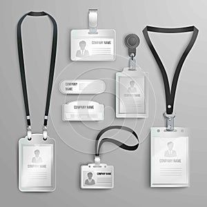 Set of realistic clear plastic badges id cards holders