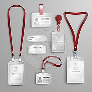 Set of realistic clear plastic badges id cards holders