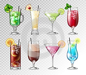 Set of Realistic cocktails on transparent background.