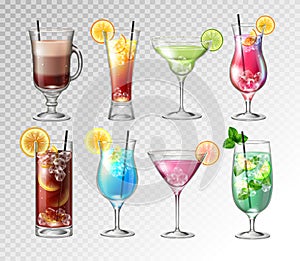 Set of Realistic cocktails on transparent background.