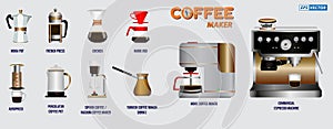 Set of realistic coffee maker isolated such as hario, chemex,french press,moka pot,aero press,percolator coffee pot,siphon coffee