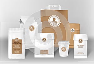 Set of Realistic Coffee paper package design mockup for brand identity. Coffee shop and restaurant Craft Zip package