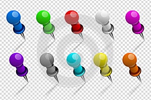 Set of realistic color metal pins whith shadow isolated on white photo