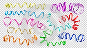 Set of realistic colored ribbons on transparency background. Vector illustration. Can be used for greeting card, holidays, banners