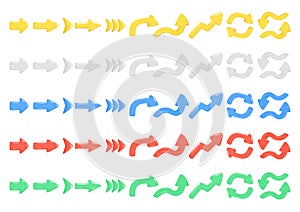 Set of realistic colorful 3d arrows. Different colors shape of pointer 3d icon. Collection of left, right, straight, up, down,