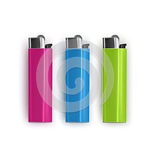 Set of realistic and colorful lighters on white background, vector illustration