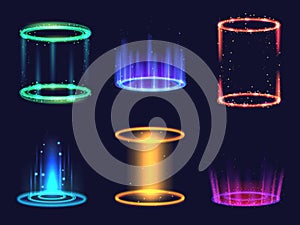 Set of realistic colorful magic portals on dark background. Isolated vector illustration