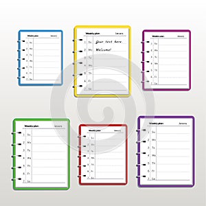 Set of realistic colorful weekly planners or organizers isolated on white background.