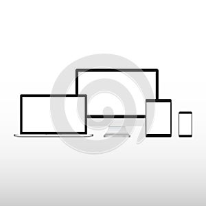 Set of realistic computer monitor, laptop, tablet and mobile phone with empty white screen. Various modern electronic gadget