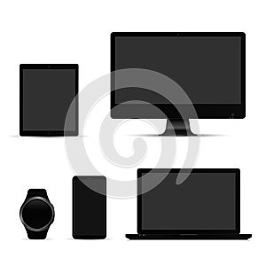 Set of realistic computer monitor, laptop, tablet and mobile phone, smart watch with empty screen. on white background. Vector