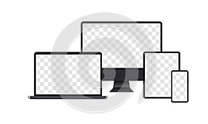 Set of realistic computer monitors, laptops, tablets and mobile phones. Vector EPS 10. Isolated on white background