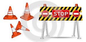 Set of realistic cone traffic isolated or road work safety sign to indicate accident or red striped white road mark.