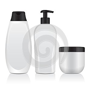 Set Of Realistic Cosmetic Bottles. Tube, Container For Cream, Bottle With Dispencer. Vector Mock Up Illustration