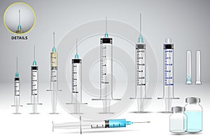 Set of realistic covid-19 vaccine injection or realistic vaccine ampule syringe or covid-19 prevention concept. eps 10 vector