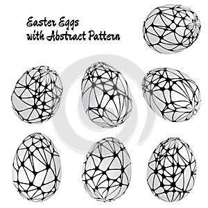 Set of realistic 3D Easter eggs with abstract grid pattern.