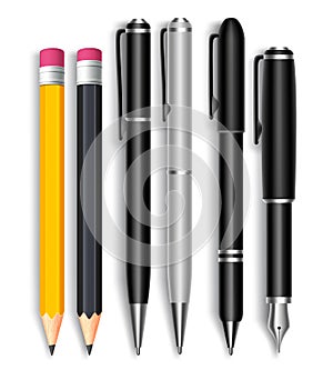 Set of Realistic 3D Pencils and Elegant Black and Silver Ball Pens photo