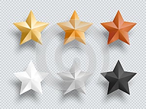 3d Metal Stars Gold Silver Bronze Vector Elements Set