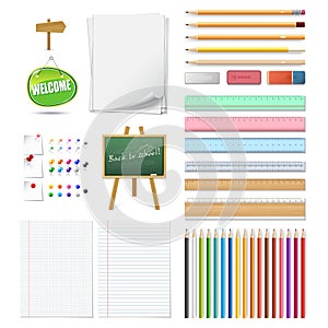 Set of realistic 3d wooden colored pencils, push pins, erasers,