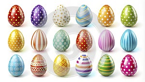 Realistic easter eggs with colorful patterns isolated on white background