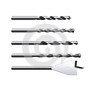 Set of realistic different steel Drill Bits. Vector illustration  on white background