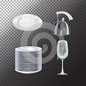 Set of realistic dishes objects. Vector isolated plates, teapot and wine glass on transparent background