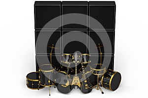 Set of realistic drums with metal cymbals, amplifier and acoustic guitars