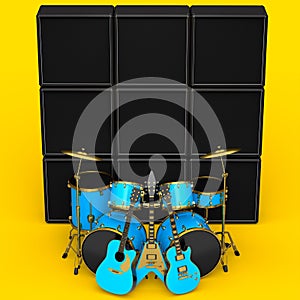Set of realistic drums with metal cymbals, amplifier and acoustic guitars