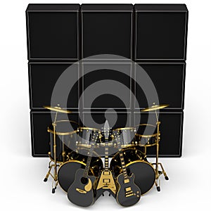 Set of realistic drums with metal cymbals, amplifier and acoustic guitars