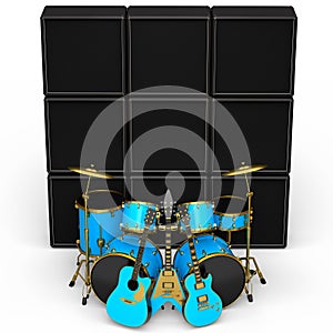 Set of realistic drums with metal cymbals, amplifier and acoustic guitars