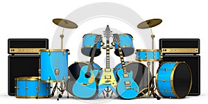 Set of realistic drums with metal cymbals, amplifier and acoustic guitars