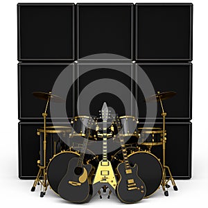 Set of realistic drums with metal cymbals, amplifier and acoustic guitars