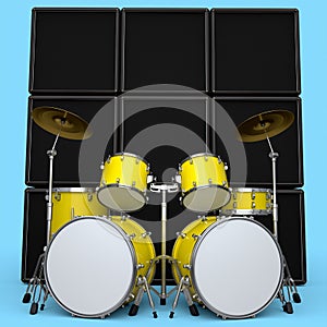 Set of realistic drums with metal cymbals or drumset and amplifier on blue