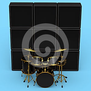 Set of realistic drums with metal cymbals or drumset and amplifier on blue