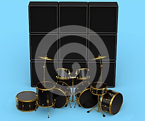 Set of realistic drums with metal cymbals or drumset and amplifier on blue