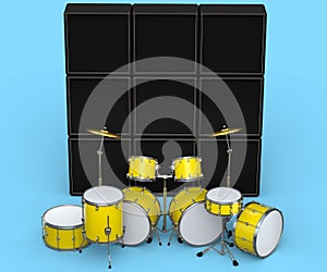 Set of realistic drums with metal cymbals or drumset and amplifier on blue