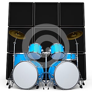 Set of realistic drums with metal cymbals or drumset and amplifier on white